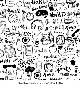 Vector doodle seamless pattern with fitness and sport elements in hand drawn style with lettering. Vector pattern collection