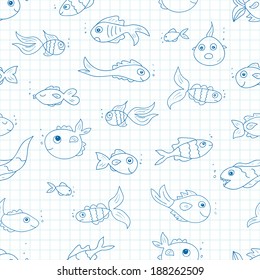Vector doodle seamless pattern with funny fish.