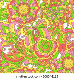 Vector doodle seamless pattern. Hand drawn texture with psychedelic colorful flowers, butterflies and leaves.  