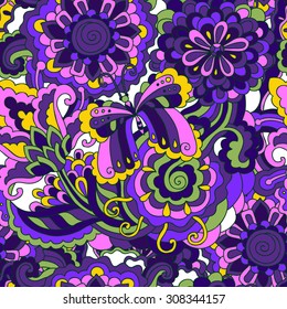  Vector doodle seamless pattern.  Hand drawn texture with  psychedelic colorful flowers and leafs.                  