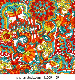  Vector doodle seamless pattern.  Hand drawn texture with dragonfly, butterflies and psychedelic colorful flowers and leafs.    
