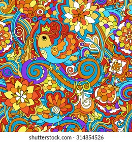  Vector doodle seamless pattern.  Hand drawn texture with funny bird and psychedelic colorful flowers and leafs.    