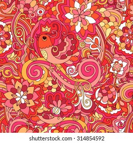  Vector doodle seamless pattern.  Hand drawn texture with funny bird and colorful flowers  leafs.