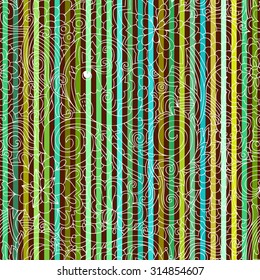  Vector doodle seamless pattern.  Hand drawn  texture with funny bird, flowers and leafs. Colorful striped background.