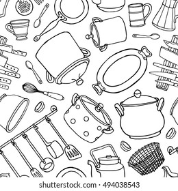 Vector doodle seamless pattern with hand drawn vintage kitchenware. Black and white illustration for backgrounds, web design, textile prints, covers, greeting cards.