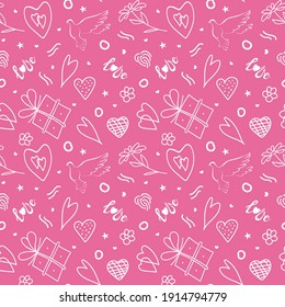 Vector doodle seamless pattern. Hand-drawn elements for Valentine's Day. Heart, word love, gift, dove, flower on pink background. For background, design wedding and greeting cards, Mother's Day