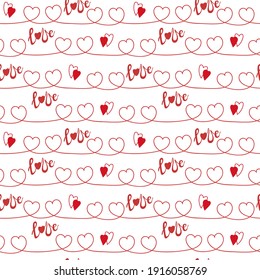 Vector doodle seamless pattern. Hand-drawn elements for Valentine's Day. Red heart, the word love on a white background. The ornament. For background, Mother's Day cards, wedding invitation