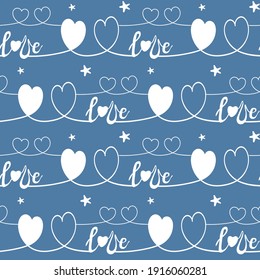 Vector doodle seamless pattern. Hand-drawn elements for Valentine's Day. White heart and the word love on a blue background. The ornament. For background, greeting card, wedding invitation