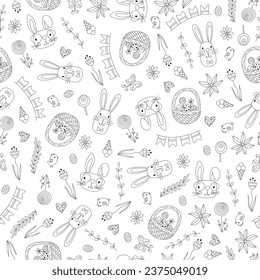 vector doodle seamless pattern happy easter drawing: easter basket, easter bunny, birds, flowers, easter egg, spring wrapping paper outline line art sketch ink pen repeat background repeat tile fabric