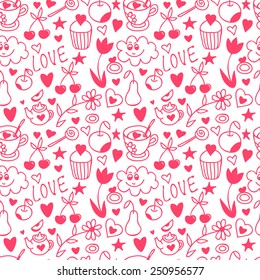 Vector doodle seamless pattern, with hearts, fruits, flowers.  Happy Valentine's Day background. Pink pattern