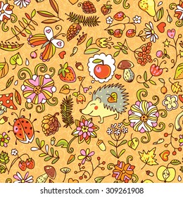 Vector doodle seamless pattern with hedgehog, leaves fruits and flowers. Autumn seamless pattern. Use for wallpaper, pattern fills,  fabrics,  ornamental template for design and decoration.