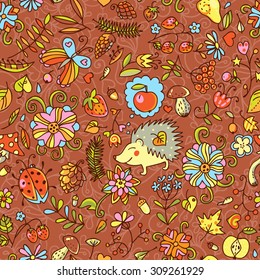 Vector doodle seamless pattern with hedgehog, leaves fruits and flowers. Autumn seamless pattern. Use for wallpaper, pattern fills,  fabrics,  ornamental template for design and decoration.
