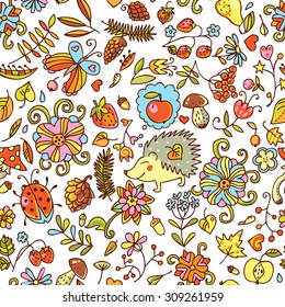 Vector doodle seamless pattern with hedgehog, leaves fruits and flowers. Autumn seamless pattern. Use for wallpaper, pattern fills,  fabrics,  ornamental template for design and decoration.