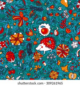 Vector doodle seamless pattern with hedgehog, leaves fruits and flowers. Autumn seamless pattern. Use for wallpaper, pattern fills,  fabrics,  ornamental template for design and decoration.