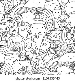 El doodle vectorial es transparente con helados, frutas y olas. Patrón veraniego para colorear libro o diseño impreso.