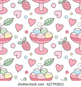 Vector doodle seamless pattern with ice cream and hearts. Colorful yummy scrapbook paper.