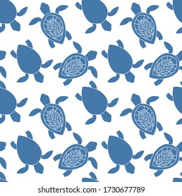 Vector doodle seamless pattern illustration graphic sea blue silhouette of turtle isolated on white background. Design for wrapping wallpaper, textile, texture. World turtle day