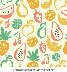 Vector doodle seamless pattern of lemon, watermelon, pear, pineapple and cherry. Hand-painted ripe fruits isolated on white background. Tasty food illustration for design, print, fabric or background.