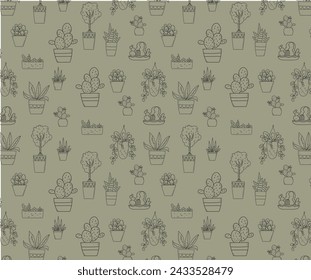 Vector doodle Seamless pattern linear domestic plants. Botanical doodles llustration. Urban jungle. Hobby trendy gardening. 