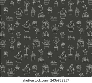 Vector doodle Seamless pattern linear domestic plants. Botanical doodles llustration. Urban jungle. Hobby trendy gardening. 