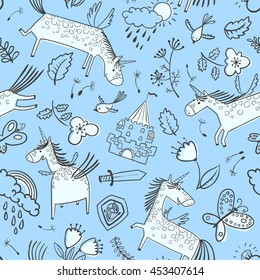 Vector doodle seamless pattern with magic unicorns. Background with rainbow, clouds with rain drops, flowers, tulips, butterfly, birds and dandelion's seeds, medieval castle, leaves, sword and shield