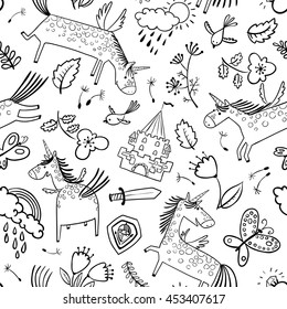 Vector doodle seamless pattern with magic unicorns. Background with rainbow, clouds with rain drops, flowers, tulips, butterfly, birds and dandelion's seeds, medieval castle, leaves, sword and shield