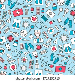 Vector doodle seamless pattern with medical elements: doctor, syringe, test tube, medicine, pills, magnifier, medical mask, lungs, gloves, microscope, stethophonendoscope, virus, thermometer. 