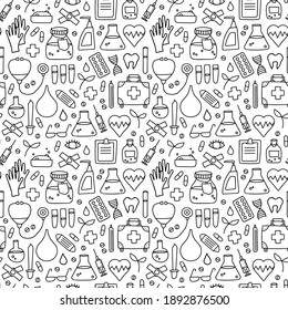 Vector Doodle Seamless Pattern of Medicine Elements.Ornament of Hand Drawn Medical Drugs.Line,Outline Pharmacy Icons.Sketch Pills,Aid for Textile,fabric,print,wallpaper,wrapping paper.