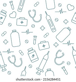 Vector Doodle Seamless Pattern of Medicine Elements.Ornament of Hand Drawn Medical Drugs.Line,Outline Pharmacy Icons.Sketch Pills,Aid for Textile,fabric,print,wallpaper,wrapping paper.