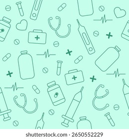 Vector Doodle Patrón sin fisuras de los Elementos de la medicina. Ornamento de las drogas médicas dibujadas a mano. Línea, esquematizar los iconos de la farmacia. Píldoras del bosquejo, ayuda para la materia textil, tela, impresión, Fondo de pantalla, papel de embalaje.