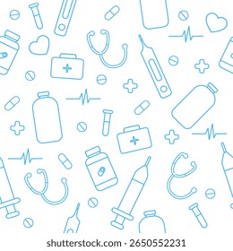 Vetor Doodle Padrão sem emenda de Elements.Ornament de medicina desenhada à mão Drugs.Line,Icons.Sketch Farmácia Contorno.Pills,Auxílio para têxtil,tecido,impressão,papel de parede,papel de embrulho.