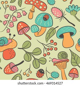 Vector doodle seamless pattern with mushroom, ladybird, snail, flower and leaf. Nature colorful background with childish characters and plants.