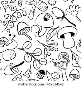 Vector doodle seamless pattern with mushroom, ladybird, snail, flower and leaf. Nature colorful background with childish characters and plants.