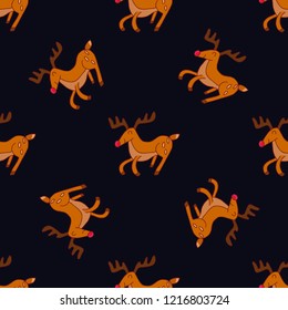 Vector doodle seamless pattern with reindeer on dark blue background. Christmas festive doodle illustration.