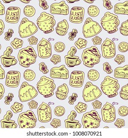 Vector doodle seamless pattern with set of coffee, cocoa, tea cups, mugs, sweets, cupcake, candies,  line art on gray background