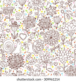 Vector doodle seamless pattern with snails, leaves, fruits and flowers. Hand drawn seamless pattern. Use for wallpaper, pattern fills,  fabrics,  ornamental template for design and decoration.