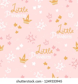 Vector doodle seamless pattern with stars, crowns, lettering little Princess. Pink color illustration. Scandinavian style.