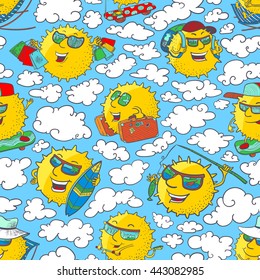 Vector doodle seamless pattern with sun characters in summer activity