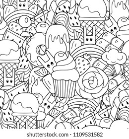Vector doodle seamless pattern, sweets in cartoon style with ice cream, cupcake and cute rabbits. Food pattern for coloring book or design.