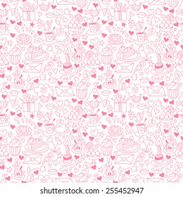Vector doodle seamless pattern with sweets. Happy birthday background with gift, coffee and cupcakes. Pink background. EPS8