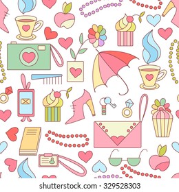 Vector doodle seamless pattern with sweets, flowers, coffee cup. Happy birthday background, girls stuff and cupcakes. Colorful yummy background. Cute and sweet print.