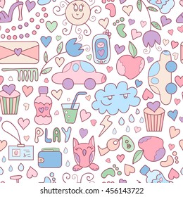 Vector doodle seamless pattern with sweets, flowers, toy car, bottle of watter. Happy birthday background, girls stuff and cupcakes. Colorful yummy background. Cute and sweet print.