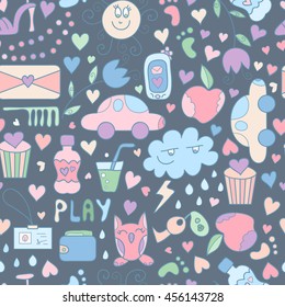 Vector doodle seamless pattern with sweets, flowers, toy car, bottle of watter. Happy birthday background, girls stuff and cupcakes. Colorful yummy background. Cute and sweet print.