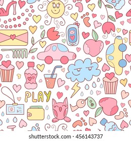 Vector doodle seamless pattern with sweets, flowers, toy car, bottle of watter. Happy birthday background, girls stuff and cupcakes. Colorful yummy background. Cute and sweet print.