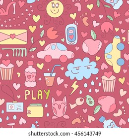 Vector doodle seamless pattern with sweets, flowers, toy car, bottle of watter. Happy birthday background, girls stuff and cupcakes. Colorful yummy background. Cute and sweet print.