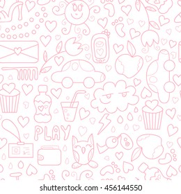 Vector doodle seamless pattern with sweets, flowers, toy car, bottle of water. Happy birthday background, girls stuff and cupcakes. Cute and sweet print.