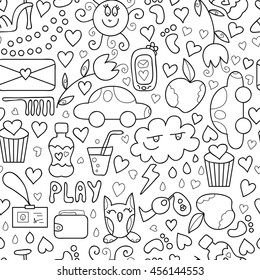 Vector doodle seamless pattern with sweets, flowers, toy car, bottle of water. Happy birthday background, girls stuff and cupcakes. Cute and sweet print.