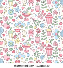 Vector doodle seamless pattern with sweets, hearts, coffee cup. Happy birthday background, girls stuff and cupcakes. Colorful yummy scrapbook paper.