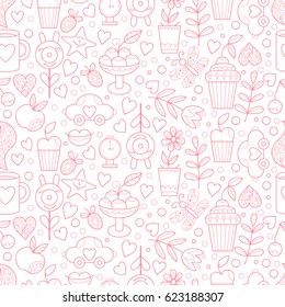 Vector doodle seamless pattern with sweets, hearts, coffee cup. Happy birthday background, girls stuff and cupcakes. Colorful yummy scrapbook paper.