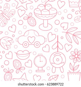 Vector doodle seamless pattern with sweets, hearts and flowers. Happy birthday background. Colorful yummy scrapbook paper.